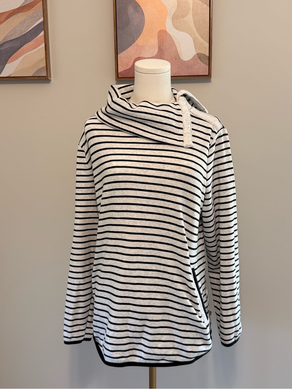 T by Talbots Striped Black and White Split Neck Funnel Neck Women's Sweatshirt